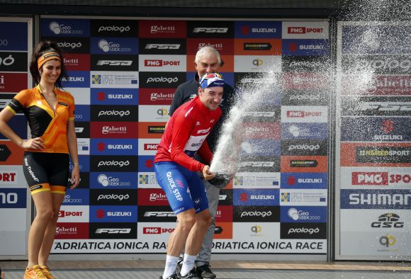 Elia Viviani on the final podium